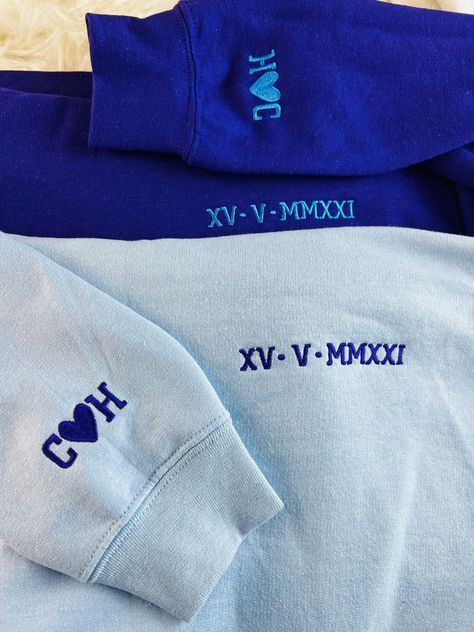 Long Sleeve Tops With Letter Embroidery For Birthday, Bf And Gf Hoodie, Custom Hoodie For Bf, Hoodie Initials Couple, Blue Hoodie With Custom Embroidery, Blue Long Sleeve Hoodie With Custom Embroidery, Long Sleeve Cotton Sweatshirt For Anniversary, Blue Crew Neck Hoodie With Embroidered Graphics, Blue Custom Embroidered Hoodie