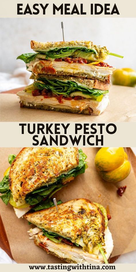 This Turkey Pesto Sandwich is full of flavor from savory turkey, creamy provolone cheese, zesty pesto, and sweet sun dried tomatoes. We love these as a great lunch or easy dinner on a busy night! Turkey Pesto Sandwich Recipes, Easy Pesto Sandwich, Tuscan Turkey Sandwich, Turkey And Pesto Sandwich, Healthy Fall Sandwiches, Best Turkey Wraps For Lunch, Pesto Arugula Sandwich, Sun Dried Tomato Pesto Sandwich, Turkey Sandwich Ideas Cold