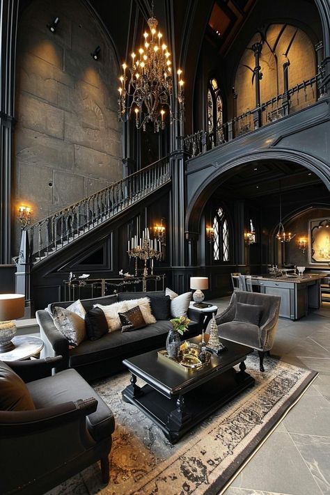 Modern Gothic House, Modern Gothic Interior, Gothic Modern House, Goth Interior Design, Modern Gothic Home, Gothic Victorian House, Gothic Interior Design, Gothic Living Room, Luxurious Living Rooms