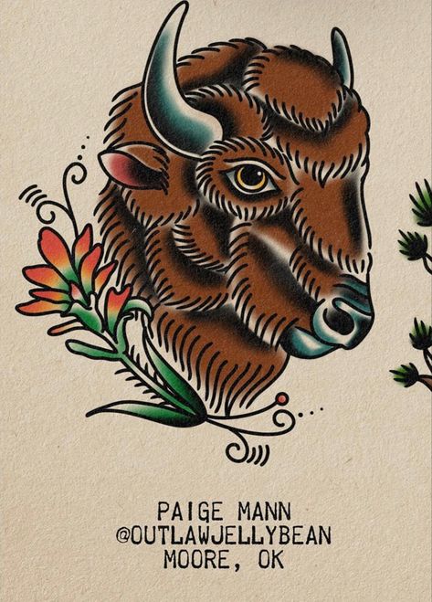 Buffalo American Traditional Tattoo, Bison Tattoo Traditional, American Traditional Bison Tattoo, Western Style Tattoos Men, Traditional Style Animal Tattoos, American Traditional Buffalo, Cowboy Traditional Tattoo, Traditional Buffalo Tattoo, Buffalo Tattoo Ideas