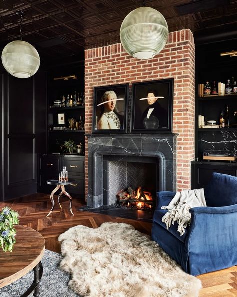 Jaimee Rose Interiors - Best of Phoenix Interior Designers | LP - PROJECT CALL ME OLD FASHIONED Moody Brick Fireplace, Old Brick Fireplace, Dark Home Interior, Black Fireplace Surround, Black Brick Fireplace, Brick Fireplace Wall, Call Me Old Fashioned, Brick Living Room, Red Brick Fireplaces