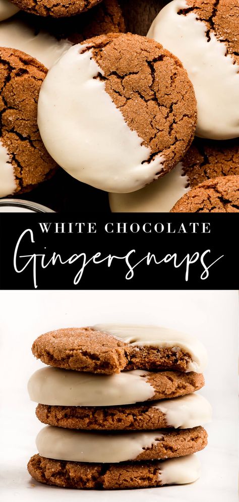 Soft and chewy White Chocolate Dipped Gingersnaps are a holiday favorite full of warm spices. Add these pretty cookies to your Christmas dessert platter! #christmascookies #christmasrecipes #gingerbreadcookies | GarnishandGlaze.com Ginger Snap Cookies Dipped In White Chocolate, Gingerbread Cookies Dipped In White Chocolate, Gingerbread Cookies Dipped In Chocolate, White Choc Dipped Ginger Cookies, Soft And Chewy Gingersnap Cookies, White Chocolate Dipped Gingerbread Cookies, Ginger Cookies With White Chocolate, Dipped Gingersnaps Taste Of Home, White Chocolate Dipped Molasses Cookies