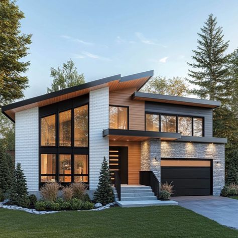 Discover your dream home in modern elegance. 🏡 This split-level masterpiece blends white brick and grey siding with warm wooden accents, creating a stunning contemporary look. Slanted roofs, large windows, and sleek black frames add to the dynamic vibe. Surrounded by nature's beauty, this is where style meets serenity. 🌳🌿 #ModernHome #ArchitectureDesign #DreamHome #ContemporaryLiving #HouseGoals #RealEstate #LuxuryLiving #HomeDesign #minimalistdesign Split Level Modern House, Side Split Exterior Renovation, White Brick House Modern, Home Exterior Brick And Siding, Modern House With Wood Accents, Modern Wooden House Design Exterior, Modern Home Windows, Modern Home Siding Ideas Exterior, German Home Exterior