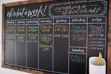 Chalkboard Organization Ideas, Chalkboard Wall Calendar Diy, Vinyl On Chalkboard, Chalkboard Wall Planner, Weekly Specials Chalkboard, Family Organisation Board, Chalkboard Family Command Center, Chalkboard Wall Command Center, Chalkboard Weekly Planner