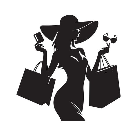 Shopping Girl illustration silhouette style Fashion Stencil Illustration, Shopping Aesthetic Pictures, Aesthetic Shopping Pictures, Fashion Shop Logo, Online Shopping Images, Shopping Logo, Fashion Store Design, Silhouette Girl, Logo Online Shop