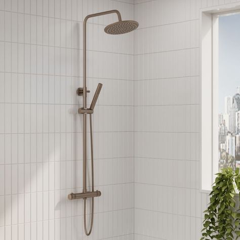 CORE Brushed Bronze Round Thermostatic Brushed Bronze Rain Head Shower - Bathroom Point Bronze Shower Fixtures, Bathroom Bronze, Brass Bathroom Accessories, Square Shower Enclosures, Rain Head, Freestanding Bath Taps, Toilet Installation, Black Bathroom Accessories, Bath Shower Screens