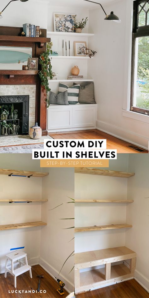 custom built in white shelves and bench in our living room Shelves Around Fireplace, Bookshelves Around Fireplace, Diy Built In Shelves, Built In Around Fireplace, Fireplace Bookshelves, Built In Shelves Living Room, Living Room Built Ins, Fireplace Shelves, Wall Living Room