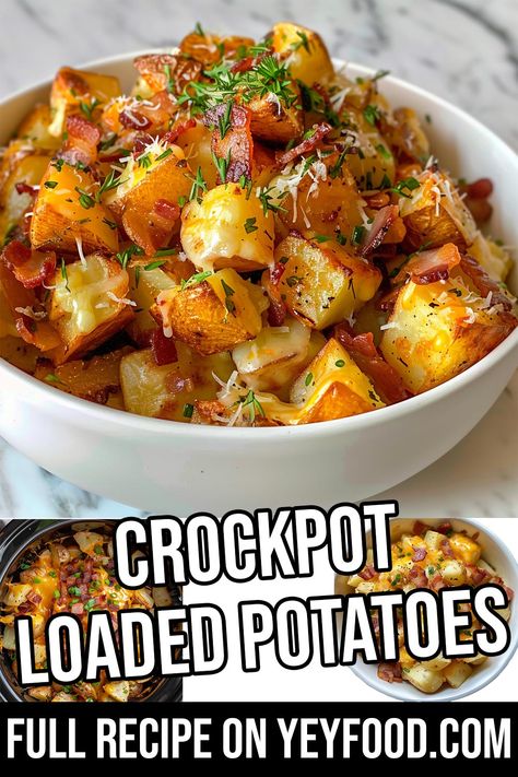 Crockpot Loaded Potatoes - Yeyfood.com: Recipes, cooking tips, and kitchen hacks for home cooks of all levels Easy Side Crockpot Recipes, Potato Diced Recipes, Back Potatoes Recipes, Loaded Potato Slices In Oven, Potluck Dishes Potato, Crock Pot Potato Side Dishes, Potatoes For Dinner Meals, Easy Sides To Bring To A Party, Loaded Baked Potato Casserole Crockpot