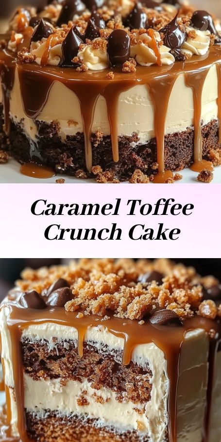 Chocolate Caramel Toffee Crunch Cake: Indulge in the irresistible combination of chocolate, caramel, and toffee with this decadent cake. Chocolate Caramel Toffee Crunch Cake, Toffee Crunch Cake, Toffee Cake Recipe, Heath Bar Cake, Crunch Cake Recipe, Toffee Dessert, Caramel Dessert Recipes, Toffee Crunch, Starbucks Cake