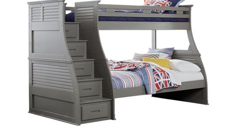 Belmar Gray 4 Pc Twin/Full Step Storage Bunk Bed Step Storage, Grey Bunk Beds, Bunker Bed, Convertible Bunk Beds, Staircase Bunk Bed, Grey Bed Frame, Loft Bed Frame, Twin Over Full Bunk Bed, Bunk Beds With Drawers