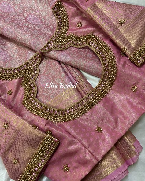 Customised Simple work blouse by elite bridal 💓 Bridal Hand Work Blouse Design Latest, Gold Blouse Designs Indian Bridal, Wedding Blouse Simple Designs, Blouse Back Neck Work Designs, Heavy Hand Work Blouse Designs, Pink Aari Work Bridal Blouse Designs, Simple Maggam Work Neck Designs, Wedding Blouse Designs Simple, Bridal Back Blouse Designs