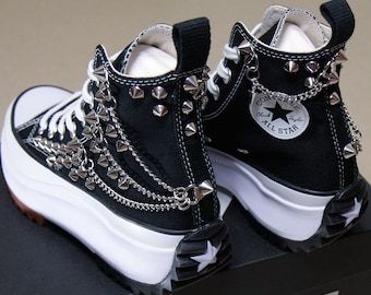 Genuine CONVERSE Black With Skull & Chains All-star Chuck - Etsy Taiwan Spiky Platform Converse, Converse Run Star Hike Black, Punk High-top Platform Boots With Studded Outsoles, Black High-top Punk Sneakers, Converse Leather High-top Sneakers With Studded Outsoles, Pentagram Converse, Studded Converse, Converse Run, Run Star Hike