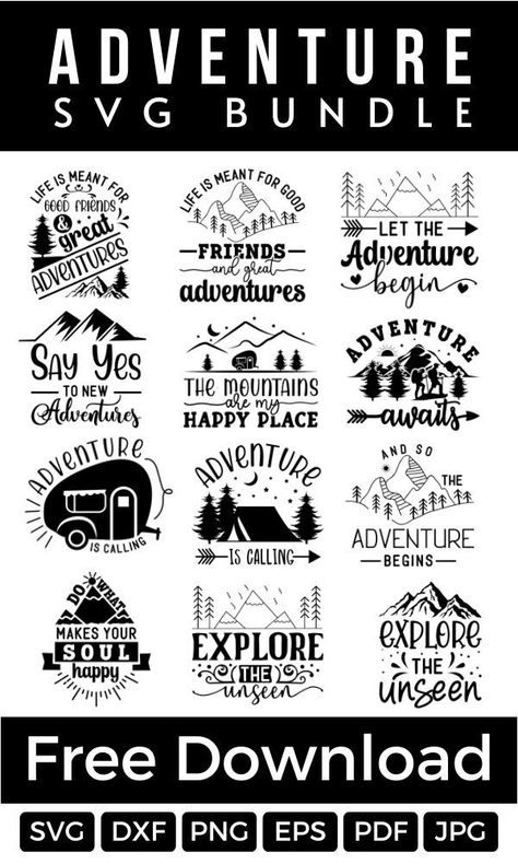 Road Trip Svg Free, Free Mountain Svg Files For Cricut, Adventure Svg Free, Hiking Svg Free, Travel Svg Free, Hiking Sayings, Hiking Quotes Adventure, Camping Sayings, Free Cricut Images