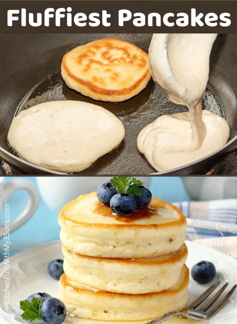 These Fluffy Pancakes are absolutely perfect if you are looking for a soft and thick pancake recipe. Just a hand-full of staple ingredients and 5-minute prep for a delicious breakfast! Thick Pancake Recipe, Yummy Pancake Recipe, Dairy Free Pancakes, Fluffy Pancake Recipe, Creative Breakfast, Homemade Pancake Recipe, Tasty Pancakes, Homemade Pancakes, Delicacy Food