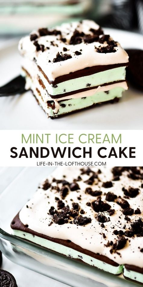 Chocolate Chip Ice Cream Sandwich, Mint Ice Cream Cake, Mint Chocolate Chip Ice Cream Cake, Fried Ice Cream Dessert, Ice Cream Sandwich Cake Recipe, Ice Cream Sandwich Dessert, Easy Ice Cream Sandwiches, Cream Sandwich Cake, Mint Chocolate Ice Cream