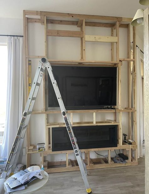 Electric Fireplace Wall DIY - Elpetersondesign Building Electric Fireplace Surround, Entertainment Center With Fireplace Diy, Tv Over Electric Fireplace Ideas, Diy Electric Fireplace Wall With Tv, Tv And Electric Fireplace Wall Ideas, Built In Fireplace Wall, Fireplace Tv Wall Plans, Built In Tv Wall Unit With Fireplace, Fireplace Wall Diy