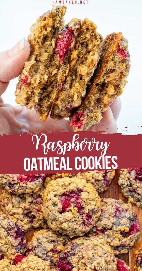 A hand holding two raspberry oatmeal cookies, broken in half and a pile of raspberry oatmeal cookies on a wooden surface. Raspberry Oatmeal Cookies, Soft And Chewy Oatmeal Cookies, Raspberry Cookie Recipes, Chewy Oatmeal Cookies, Raspberry Oatmeal, Frozen Raspberries, Raspberry Cookies, Oatmeal Cookies Chewy, Cookie Brownie Bars