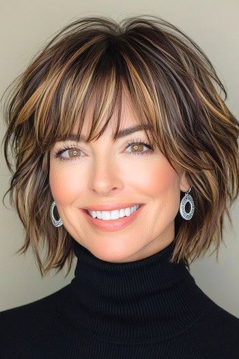 Save this pin for the best short layered haircuts for thick hair. If you’re craving a hairstyle with a lot of texture and personality, this shaggy look is the answer. Thick hair benefits from the multiple layers that give this cut its signature “shag” appearance, adding noticeable movement. Medium Straight Haircuts For Women, Thick Hair Styles Medium Layered Bobs, Shag Haircut With Bangs Short, Layered Haircuts For Thinning Hair, Tousled Bob With Bangs, Layers Bob Medium, Short Layered Hairstyles Over 50, Short On Top Long On Bottom Hairstyles, Hairstyles To Hide Saggy Jowls