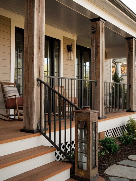 Wood Porch Columns With Railing, Front Porch Ideas With Railing, Back Porch Railing Ideas Farmhouse, Modern Farmhouse Railing Exterior, Stained Porch Railing, Ranch Style Home Front Porch Ideas, Front Porch With Metal Railing, Front Porch Rebuild, Front Porch Lattice Ideas