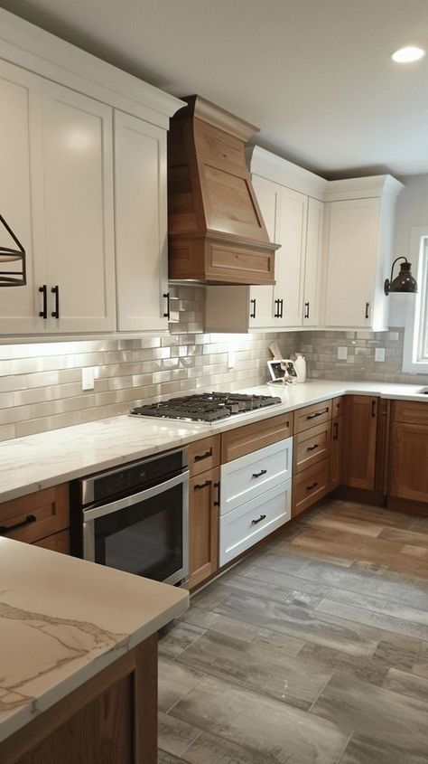 30+ Two-Tone Kitchen Cabinet Color Ideas That will Inspire You Kitchen Colors Schemes White Countertops, White And Stained Cabinets Kitchen, Paint Lower Kitchen Cabinets, Modern Farmhouse Kitchens Two Tone Cabinets, Paint And Stain Kitchen Cabinets, Two Tone Upper And Lower Cabinets, Stained Lower Cabinets Painted Uppers, Granite And Cabinet Color Combinations, Tan And White Kitchen Cabinets