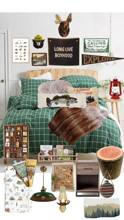 Outdoor Theme Bedroom For Adults, Camp Inspired Bedroom, Vintage Camp Theme Bedroom, Camp Themed Playroom, Boys Apartment Bedroom Ideas, Outdoor Bedroom Theme, Kids Hunting Bedroom, Vintage Spare Bedroom Ideas, Vintage Camp Bedroom