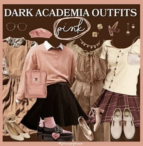 Pink Dark Academia Outfit, Pink Acedamia Outfits, Romantic Acedamia Outfits, Library Assistant Outfit, Romantic Academia Aesthetic Outfit Pink, Soft Romantic Aesthetic Outfits, Bookish Outfits Aesthetic, Pink Academia Aesthetic Outfit, Girly Dark Academia