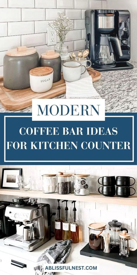 Coffee bar ideas for kitchen counter are a great way to add personality and functionality to your kitchen. Showcase your favorite mugs, coffee makers, and accessories in a visually appealing way. This dedicated space will not only streamline your coffee routine but also add a touch of charm to your kitchen. #coffeecorner #homecafe #kitchendecor Espresso Bar Ideas Kitchen Counter, Coffee Kitchen Counter, Coffee Bar Countertop Ideas, Coffee Nook In Kitchen, Counter Top Coffee Bar, Bar Ideas For Kitchen, Kitchen Counter Coffee Station, Barista Station, Coffee Station Ideas Countertop