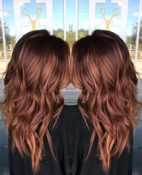 Red Carmel Highlights On Brown Hair, Cowboy Copper Hair Color Brunette, Dark Auburn Hair Color With Highlights Caramel Red, Red Winter Hair, Fall Balayage Brunette Red, Copper Red Balayage Hair Brunettes, Red Brown Hair Balayage, Cowboy Copper Hair Balayage, Light Red Balayage