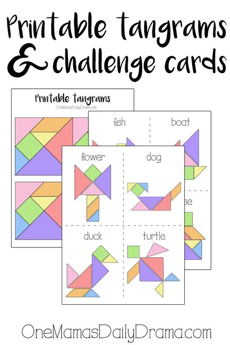 Printable tangrams + challenge cards make a fun kids activity or DiY gift idea. So simple but entertaining for kids of all ages. Tangram Activities, Tangram Patterns, Tangram Puzzles, Kids Activity, Fun Activities For Kids, Card Challenges, Kindergarten Math, Math Games, 100 Days