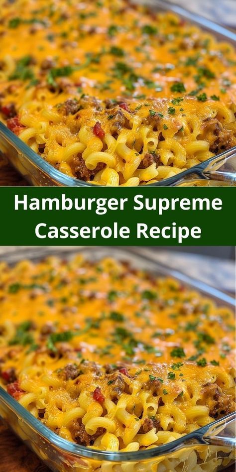 Enjoy a hearty Hamburger Supreme Casserole with ground beef, pasta, and cheesy layers.