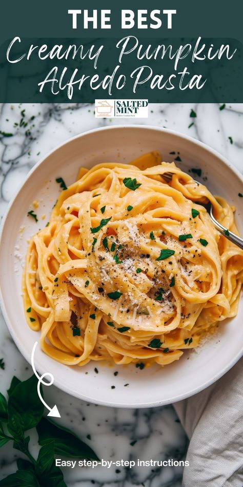 Discover this creamy Pumpkin Alfredo Pasta! Easy to make with a rich pumpkin sauce, it's the perfect fall dinner ready in 30 minutes. Fall Pasta Sauce, Pumpkin Alfredo Pasta, Easy Pumpkin Pasta, Pumpkin Pasta Recipe, Autumn Pasta Recipes, Pumpkin Alfredo, Pumpkin Recipes Dinner, Fall Pasta, Pasta Creamy