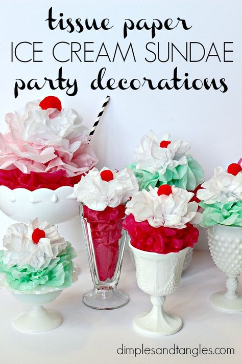 Ice Cream Sundae Party, Sundae Party, Paper Ice Cream, 50s Theme Parties, Dimples And Tangles, Ice Cream Party Decorations, Ice Cream Sundae Bar, Sundae Bar, Ice Cream Birthday Party