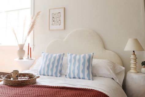 Bring a bit of fun and whimsy to bedtime with a cloud-shaped headboard. We took a full-sized kids' bed and gave it a luxe makeover by reupholstering it with bouclé fabric. With its signature nubby texture and plush feel, it instantly transformed the headboard from cute to ultra-chic. Cloud Headboard, Velvet Wall, Ikea Kura Bed, Kura Bed, Ikea Kura, 3d Panel, Diy Clouds, Apartment Goals, Ikea Bedroom