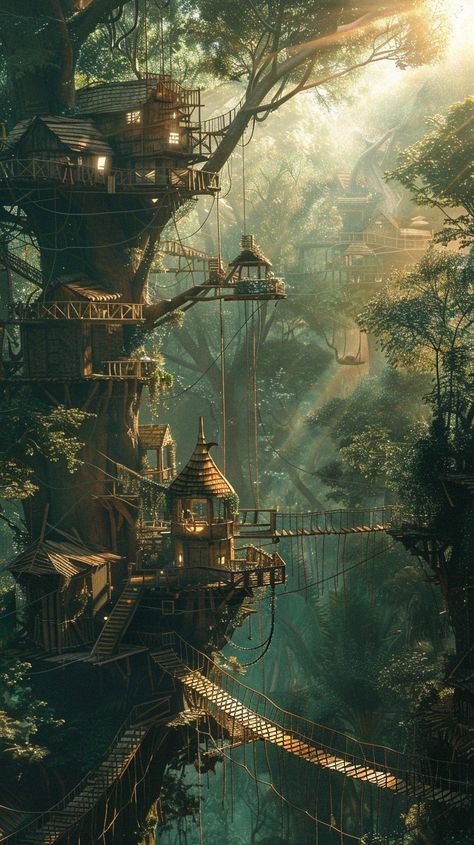 Enchanted Treehouse Escape: A mystical treehouse village nestled within an ancient forest bathed in the morning's ethereal light. #enchanted #treehouse #forest #mystical #village #ancient #morning #light #aiart #aiphoto #stockcake https://ayr.app/l/cPAC Treehouse City, Treehouse Village, Fantasy Treehouse, Fantasy And Reality, Forest Village, Fantasy Village, Ethereal Light, Fantasy Tree, My Fantasy World