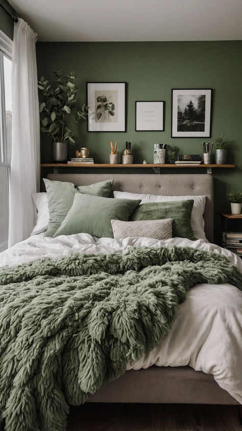 Cozy Sage Green Dorm Room Ideas for College Living - Shark Printables Sage Green Bedroom Walls Aesthetic, Succulent Bedroom Ideas, Dark Sage Bedroom Ideas, Sage Green Bedroom Decor Ideas Boho, Cozy Sage Green Living Room, Cozy Bed Green, Cozy Home Interior Bedroom, Dark Green Rooms Aesthetic, Sage Green Aesthetic Decor