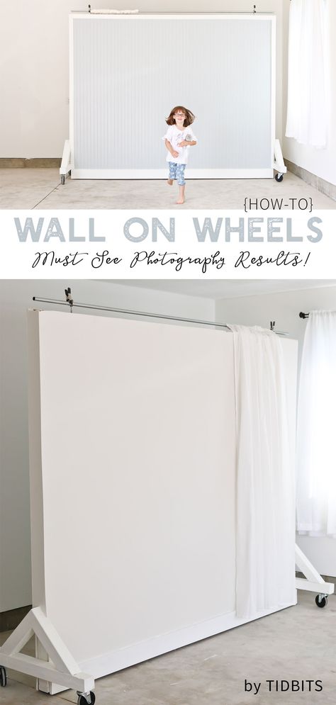 No picture perfect home . . . no problem.  Catch the DIY tutorial and photo results for this dual sided Wall on Wheels photography and filming backdrop, which is key to our garage studio. #photography #studio #filming #backdrop #wallonwheels #studiobackdrop #photographybackdrop #camitidbits #tutorial #wall #RYOBINATION #RYOBI #SPONSOR Wall On Wheels Photography, Filming Backdrop, Wall On Wheels, Home Photography Studio, Ruangan Studio, Photography Studio Decor, Home Photo Studio, Photography Studio Design, Photography Studio Setup