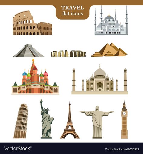 Wight Background, World Famous Places, Animal Photography Wildlife, Travel Flats, Mayan Symbols, Icon Set Design, Flat Icons Set, Travel Icon, Famous Buildings