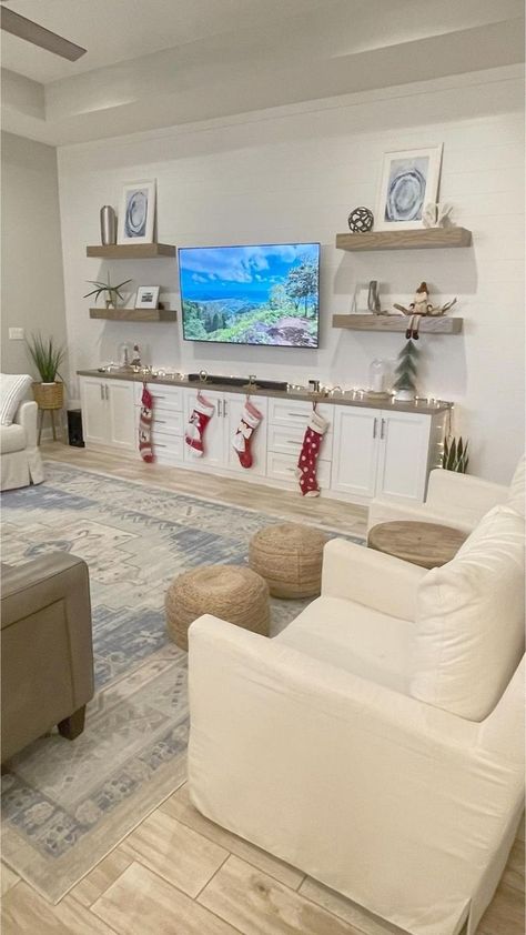 Family Room Entertainment Center, Entertainment Centers Living Room, Family Room Design No Fireplace, Media Console With Floating Shelves, Living Room Built Ins With Tv Floating Shelves, Entertainment Center No Fireplace, Tv On Entertainment Center, Basement Floating Shelves, Floating Furniture Living Room