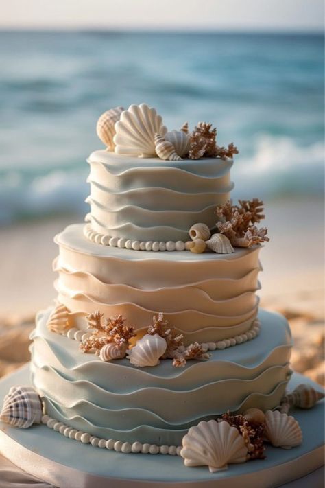 Nautical Beach Wedding, Sea Themed Wedding Cake, Beachy Wedding Cake, Boho Beach Cake, Wedding Cake Ocean, Sea Wedding Decorations, Sea Cake Ideas, Beach Wedding Food, Pastel Blue Cake