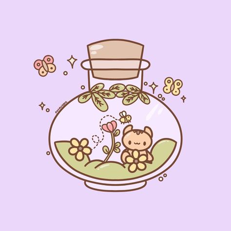 Illustration of a cute potion bottle with a terrarium inside. Includes a bee, flowers, butterflies and a squirrel. Kawaii Terrarium, Bottle Doodle, Poison Bottle, Potion Bottle, Cute Creatures, Learn To Draw, Terrarium, Hello Kitty, Doodles