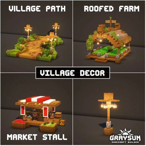 Villager Farm Ideas Minecraft, Minecraft Building Ideas Outside Decor, Village Stall Minecraft, Minecraft Villager Farm Ideas, Lamp Post Minecraft Designs, Minecraft Village Builds Ideas, Mine Build Minecraft, Minecraft Cute Path Ideas, Trading Stalls Minecraft