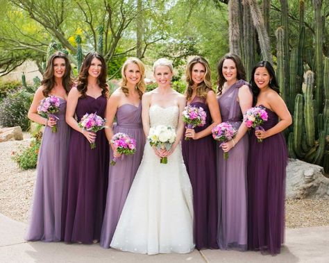 Bride and Bridesmaids in Dresses in Shades of Purple    Photography: Jennifer Bowen Photography   Read More:  http://www.insideweddings.com/weddings/charming-desert-wedding-featuring-bright-berry-tones-in-arizona/759/ Lavender Bridesmaid, Violet Wedding, Wedding Colors Purple, Purple Bridesmaids, Purple Dresses, Purple Bridesmaid Dresses, Bridesmaids Photos, Wedding Dress Pictures, Lavender Wedding