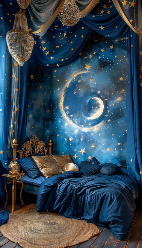 I've wanted a sun moon stars theme in main bedroom for about as long as I can remember. Saving for multiple chandeliers and wall painting inspo Sun Theme Bedroom, Sun Space Aesthetic, Astrology Themed Bedroom, Sun Themed Room, Cosmic Bedroom, Multiple Chandeliers, Starry Bedroom, Stars Bedroom, Colour Pop Interior