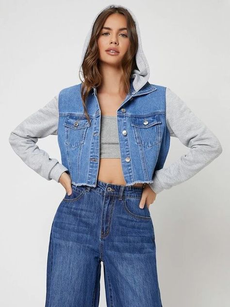 SHEIN BASICS Contrast Sleeve Raw Hem Crop Hooded Denim Jacket Demin Jacket Outfits, Womens Spring Coat, Shein Basics, Classy Coat, Demin Jacket, Jean Jacket Outfits, Denim Jacket Outfit, Denim Hoodie, Hooded Denim Jacket