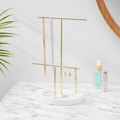 Two Bar Jewelry Organizer Brass - Brightroom™ Cute Jewelry Holder, Gold Room Decor, Dorm Design, Jewelry Organizer Stand, Bracelet Stand, Preppy Bracelets, Iron Jewelry, White Tray, Vanity Area