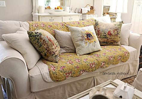 common ground : Harvest Color and Sunflowers in the Hearth Room Country Cottage Living Room With Floral Sofa, Cottagecore Couch Pillows, Yellow Floral Sofa Living Room, 70s Floral Couch Living Rooms, French Country Landscaping, 70s Floral Couch, Toile Pillows, Summer Mantel, Neutral Sofa