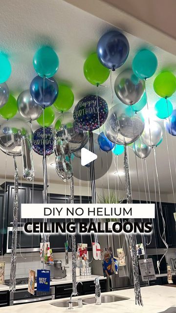 Jasmine Camble | Houston Mom Blogger on Instagram: "Looking for a fun birthday balloon surprise for that special someone? #ad⁣ ⁣ Here’s how I created 𝐂𝐄𝐈𝐋𝐈𝐍𝐆 𝐁𝐀𝐋𝐋𝐎𝐎𝐍𝐒 for my son’s 13th birthday using supplies from @partycity. I love that they have an easy shopping experience either in-store or online with both pickup & delivery options available.⁣ ⁣ Directions: ⁣ ⁣ 1️⃣ Use an electric balloon pump to inflate a variety of 𝐁𝐀𝐋𝐋𝐎𝐎𝐍𝐒 in different shapes, colors and sizes. ⁣ ⁣ 2️⃣ Tie 𝐂𝐔𝐑𝐋𝐈𝐍𝐆 𝐑𝐈𝐁𝐁𝐎𝐍 to the ends of each balloon. For flair, you can alternate the curling ribbon with cut strips of foil door curtains or even fabric ribbons. ⁣ ⁣ 3️⃣ Apply 𝐀𝐃𝐇𝐄𝐒𝐈𝐕𝐄 𝐓𝐀𝐁𝐒 to the tops of each balloon. Latex balloons only require 3-4 tabs. Mylar balloons wil Birthday Project Ideas, Balloons In Room For Birthday, Balloon Setup For Birthday, Balloon Surprise Ideas For Kids, 11 Birthday Decoration Ideas, Birthday Balloons With Pictures Attached, Balloon Decoration Ideas Birthday, Birthday Easy Decoration Ideas, Pictures On Balloon Strings