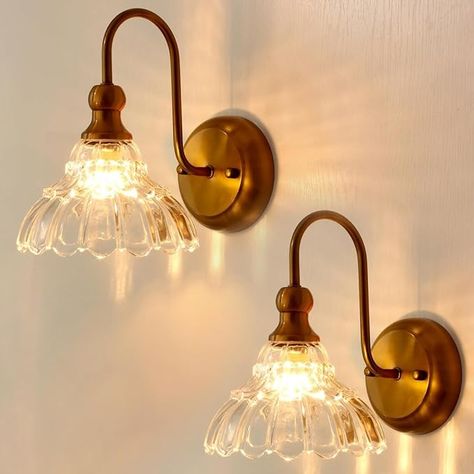 lobolighting Vintage Wall Sconce Set of 2 with Glass Shade Brass Sconces Gold Bathroom Vanity Light Fixtures Modern Wall Lighting Fixture for Bedroom Bedside Door Header - Amazon.com Vintage Wall Light Fixtures, 1920s Bathroom Sconces, Sconces Bathroom Vanity, Gold Wall Sconces Bathroom, Vintage Sconces Bedroom, Vintage Bathroom Sconces, Vintage Modern Bathroom Ideas, Vintage Wall Sconces Bedroom, Powder Room Lighting Above Mirror