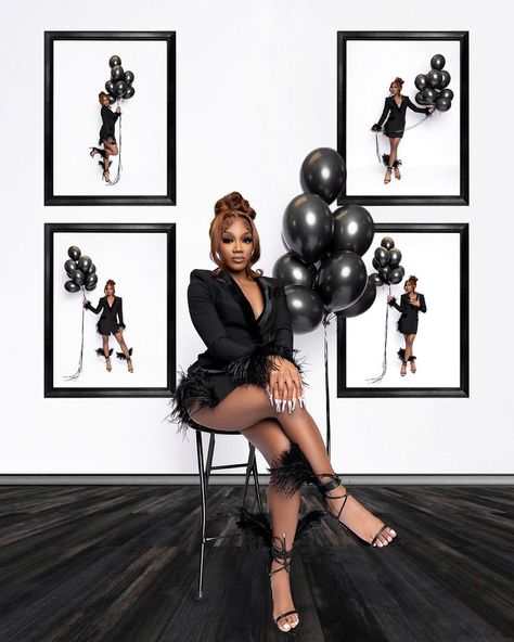 Baddies Birthday Photoshoot Ideas, Ballon Photoshoot Ideas Black, Dirty Thirty Photoshoot Ideas, Body Shoot Photography, Birthday Day Photoshoot Ideas, Black And Silver Photoshoot Ideas, Grown Photoshoot Ideas, Black Themed Birthday Photoshoot, 25th Birthday Photoshoot Ideas For Women Classy Elegant