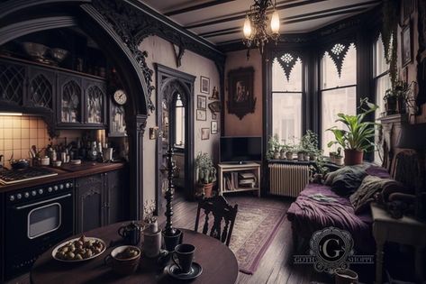 Living Room Witchy, Apothecary Bedroom, Bedroom Witchy, Goth Interior Design, Alt Decor, Goth Interior, Cottage Goth, Dark Inspiration, Witchy Cottage